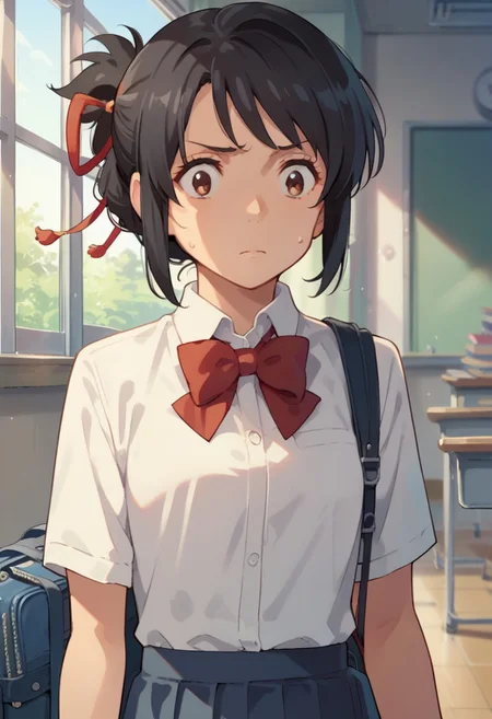 score_9, score_8_up, score_7_up, source_anime,mitsuha miyamizu,1girl, solo, shirt, black hair, bow, ribbon, brown eyes, school uniform, hair ribbon, white shirt, indoors, bowtie, bag, sweatdrop, red bow, red ribbon, book, window, classroom