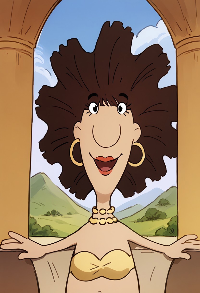 score_9, score_8_up, score_7_up BREAK MrgMLO, 1girl, brown hair, black eyes, lipstick, gold earrings, gold necklace,  strapless yellow bra, raffia skirt, smiling at viewer, island background,