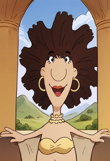 score_9, score_8_up, score_7_up BREAK MrgMLO, 1girl, brown hair, black eyes, lipstick, gold earrings, gold necklace,  strapless yellow bra, raffia skirt, smiling at viewer, island background,