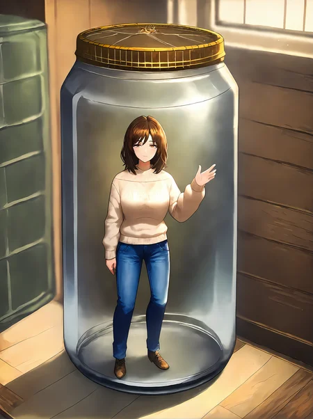 score_9,
<lora:limbus_company_v1_pruned:1>, <lora:in_jar_v1_pruned:1>, in jar, lid,
1girl, jeans, sweater,
brown hair, medium hair, brown eyes,
looking at viewer, light smile,
full body,
high resolution, Masterpiece, detailed