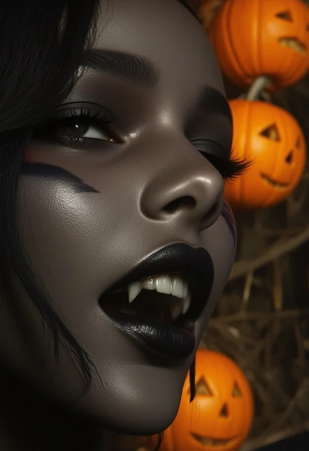 masterpiece, cinematic photography, highest quality, a smirking gorgeous 23yo African vampire woman, smokey eye make-up, black lipstick, fangs, carved orange pumpkin, extreme close-up face view, ArsMJStyle, dnddarkestfantasy, <lora:F4ngs>, <lora:DnD Darkest Fantasy>,mouth open wide,long tongue out