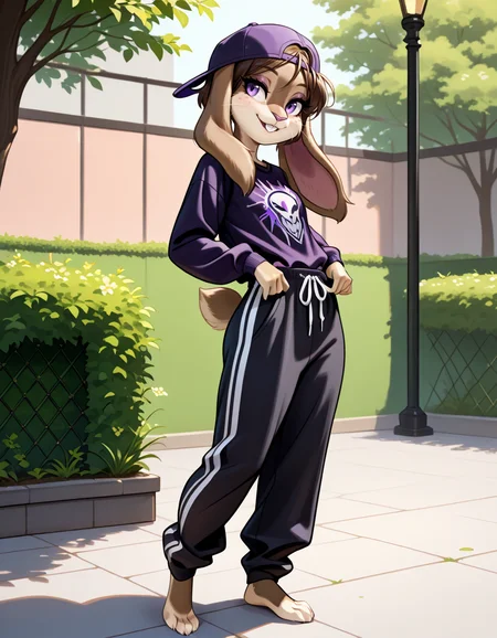 masterpiece, best quality, very aesthetic, absurdres,
outdoors, streetwear,  
barefoot, full body, posing, standing, 
seductive smile, parted lips, long eyelashes,
<lora:Nicole_Meadowsong_v01_NAIXL:1>
N1c013,1girl,solo,furry,furry female,rabbit girl,brown hair,backwards hat,short hair,rabbit ears,purple eyes,snout,animal nose,whiskers,buck teeth,body fur,two tone fur,brown fur,grey fur,rabbit tail,