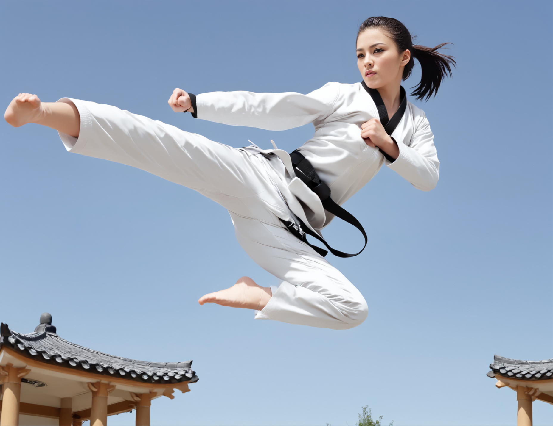 jusiki, side view, (slim 25yo woman) doing a jump sidekick in front of a pagoda. the girl wears white karate uniform, black belt and has short brunette straight hair <lora:JumpedSideKick-000007:1>