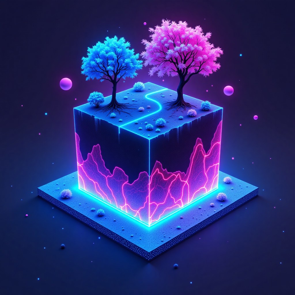 M1CR0CUB3D, aidmafluxpro1.1, A cubed world where neon trees grow from shimmering synth-soil, each trunk embedded with fiber-optic veins. The surface glows faintly under a twilight sky while below, crystalline roots connect to a buried AI core, pulsing with blue and magenta light. Harsh rim lighting creates high contrast, while floating data-pollen particles glimmer like stars. Style: hyper-detailed digital illustration, cool palette with deep purples and cobalt, sci-fi minimalism meets nature.