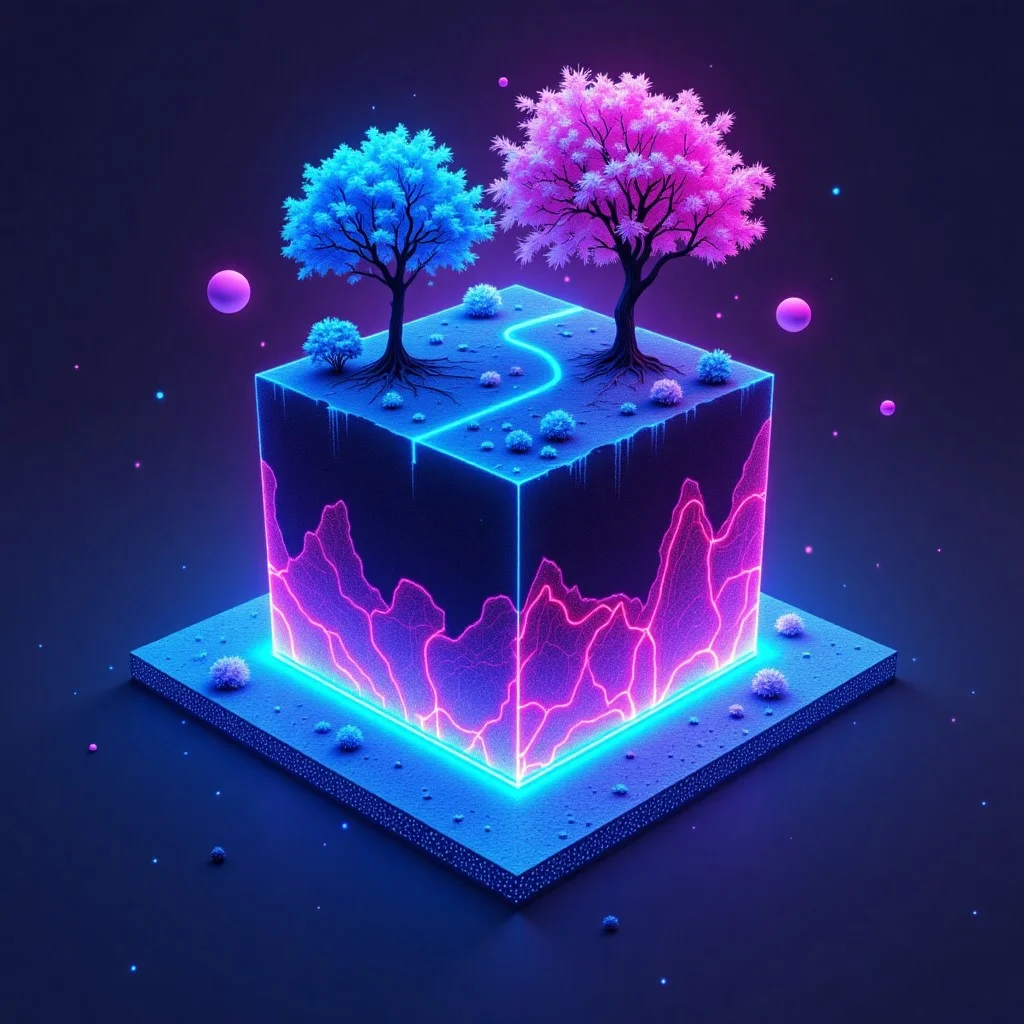 M1CR0CUB3D, aidmafluxpro1.1, A cubed world where neon trees grow from shimmering synth-soil, each trunk embedded with fiber-optic veins. The surface glows faintly under a twilight sky while below, crystalline roots connect to a buried AI core, pulsing with blue and magenta light. Harsh rim lighting creates high contrast, while floating data-pollen particles glimmer like stars. Style: hyper-detailed digital illustration, cool palette with deep purples and cobalt, sci-fi minimalism meets nature.