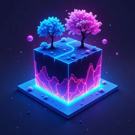 M1CR0CUB3D, aidmafluxpro1.1, A cubed world where neon trees grow from shimmering synth-soil, each trunk embedded with fiber-optic veins. The surface glows faintly under a twilight sky while below, crystalline roots connect to a buried AI core, pulsing with blue and magenta light. Harsh rim lighting creates high contrast, while floating data-pollen particles glimmer like stars. Style: hyper-detailed digital illustration, cool palette with deep purples and cobalt, sci-fi minimalism meets nature.