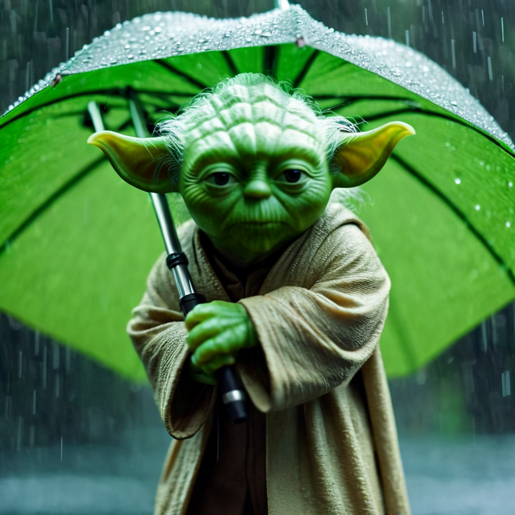 cinematic film still of  <lora:Yoda:1.2>
Yoda a green yodah holding an umbrella in the rain In Star Wars Universe, shallow depth of field, vignette, highly detailed, high budget, bokeh, cinemascope, moody, epic, gorgeous, film grain, grainy