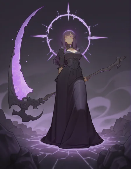 very awa,  <lora:ponyv6_noobV1_2_adamW-000017:0.4>, [asura \(asurauser\)::0.8], [(bartolomeobari:1.2):0.65],  1girl, black dress long dress, scythe, glowing, purple eyes,  masterpiece, [best quality:0.15], newest, absurdres, very aesthetic, best quality, year 2024, newest,
