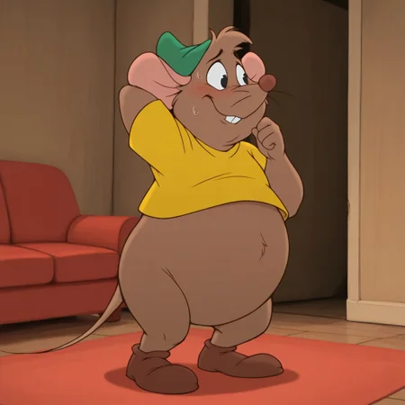 masterpiece, best quality, amazing quality, gusgus, male, furry male, solo, anthro, mouse, brown fur, short hair, black eyes, brown nose, whiskers, buck teeth, tail, chubby, green hat, yellow shirt, brown shoes, standing, shy, nervous smile, hand behind head, looking aside, indoors, living room