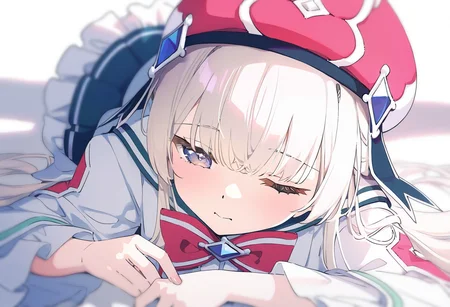 masterpiece,best quality,newest,very aesthetic,absurdres,highres,newest,year 2024,year 2023,artist:konya_karasue,artist:hoji(hooooooooji1029),michiking,artist:ningen_mame,mignon,[artist:kani_biimu],artist:ogipote,artist:sy4,noyu_(noyu23386566),
<lora:hikari_origin:1>,hikari \(arcaea\),1girl,long hair,white hair,red bow,bow,bowtie,grey eyes,boots,frills,red bowtie,frilled skirt,bangs,red headwear,
on stomach,lazy eye,lazy,sleepy,closed eyes,