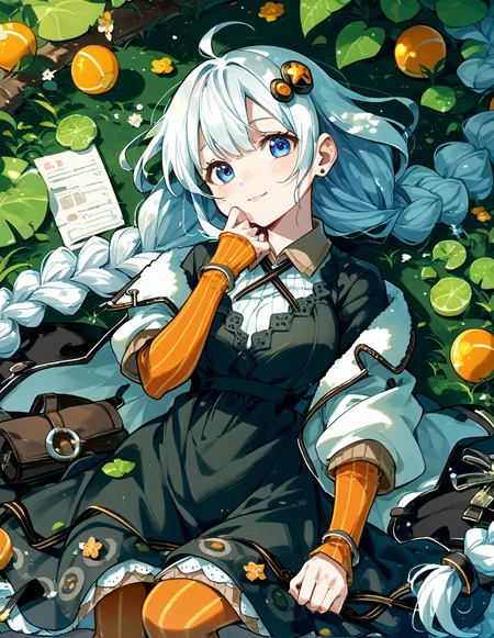 close-up,1girl,solo,<lora:kizunaakari_pony:1>,kizuna akari,white hair,blue eyes,braid,hair ornament,
black dress,long sleeves,striped legwear,pantyhose,, score_9,score_8_up,score_7_up,score_6_up,score_5_up,score_4_up,