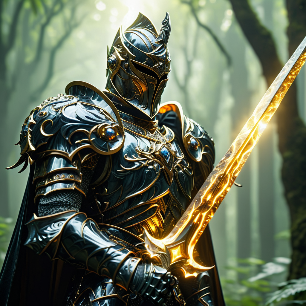 Close up shot of a beautiful knight, wearing ObsidianCitrine armor and cape, holding glowing sword infront of him, standing up, jungle in background, HKStyle, HD, masterpiece, best quality, hyper detailed, ultra detailed, super realistic