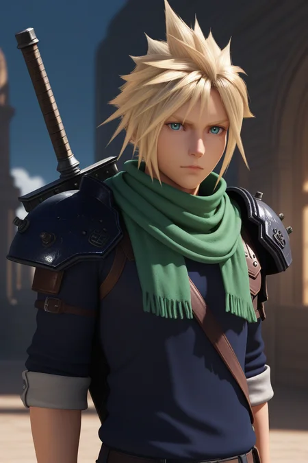 masterpiece, best quality, amazing quality, highres, absurdres, intricate detail,3d,scenery, cinematic,1boy, solo, male focus , , ,<lora:cloud:0.82>, cloud strife,blonde hair,blue eyes,short hair,spiky hair,looking at viewer, shirt, closed mouth, upper body, weapon, sword, blurry, scarf, armor, blurry background,shoulder armor, sleeves rolled up, weapon on back, green scarf, sword on back