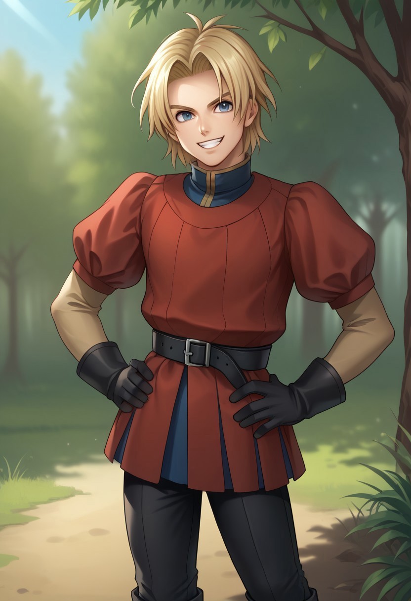 score_9, score_8_up, score_7_up, source_anime, highly detailed, 

kiefer, 1boy, male focus, solo, blonde hair, blue eyes, tunic, red tunic, puffy sleeves, shirt, blue shirt, high collar, gloves, pants, black pants, belt, boots, black footwear, hands on hips. grin

outdoor, wood, 