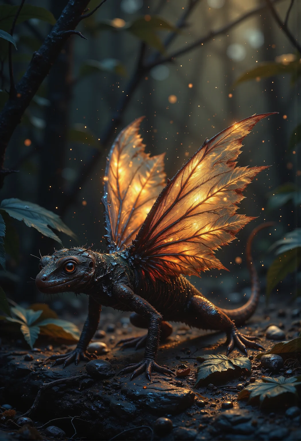 Envision a fire salamander with delicate, translucent wings that shimmer with a soft, ethereal glow. These gossamer wings, adorned with subtle hints of orange and gold, flutter gently as the salamander moves, creating an enchanting display of light and color against its dark, speckled skin., deep depth of field, photography, Natural geographic photo, Hyper-realistic, 16k resolution, (masterpiece, award winning artwork), many details, extreme detailed, full of details, Wide range of colors, high Dynamic, <lora:Midjourney_Dreamlike_Fantasy_FLUX_LoRA.safetensors:0.5>, <lora:- Flux1 De-Distilled - temp_haunting_cre_1.0.safetensors:0.5>, <lora:we-br-v2.safetensors:0.5>,