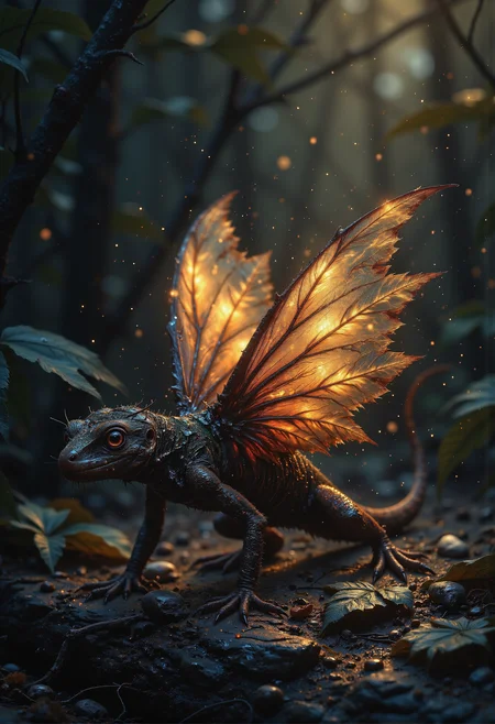 Envision a fire salamander with delicate, translucent wings that shimmer with a soft, ethereal glow. These gossamer wings, adorned with subtle hints of orange and gold, flutter gently as the salamander moves, creating an enchanting display of light and color against its dark, speckled skin., deep depth of field, photography, Natural geographic photo, Hyper-realistic, 16k resolution, (masterpiece, award winning artwork), many details, extreme detailed, full of details, Wide range of colors, high Dynamic, <lora:Midjourney_Dreamlike_Fantasy_FLUX_LoRA.safetensors:0.5>, <lora:- Flux1 De-Distilled - temp_haunting_cre_1.0.safetensors:0.5>, <lora:we-br-v2.safetensors:0.5>,