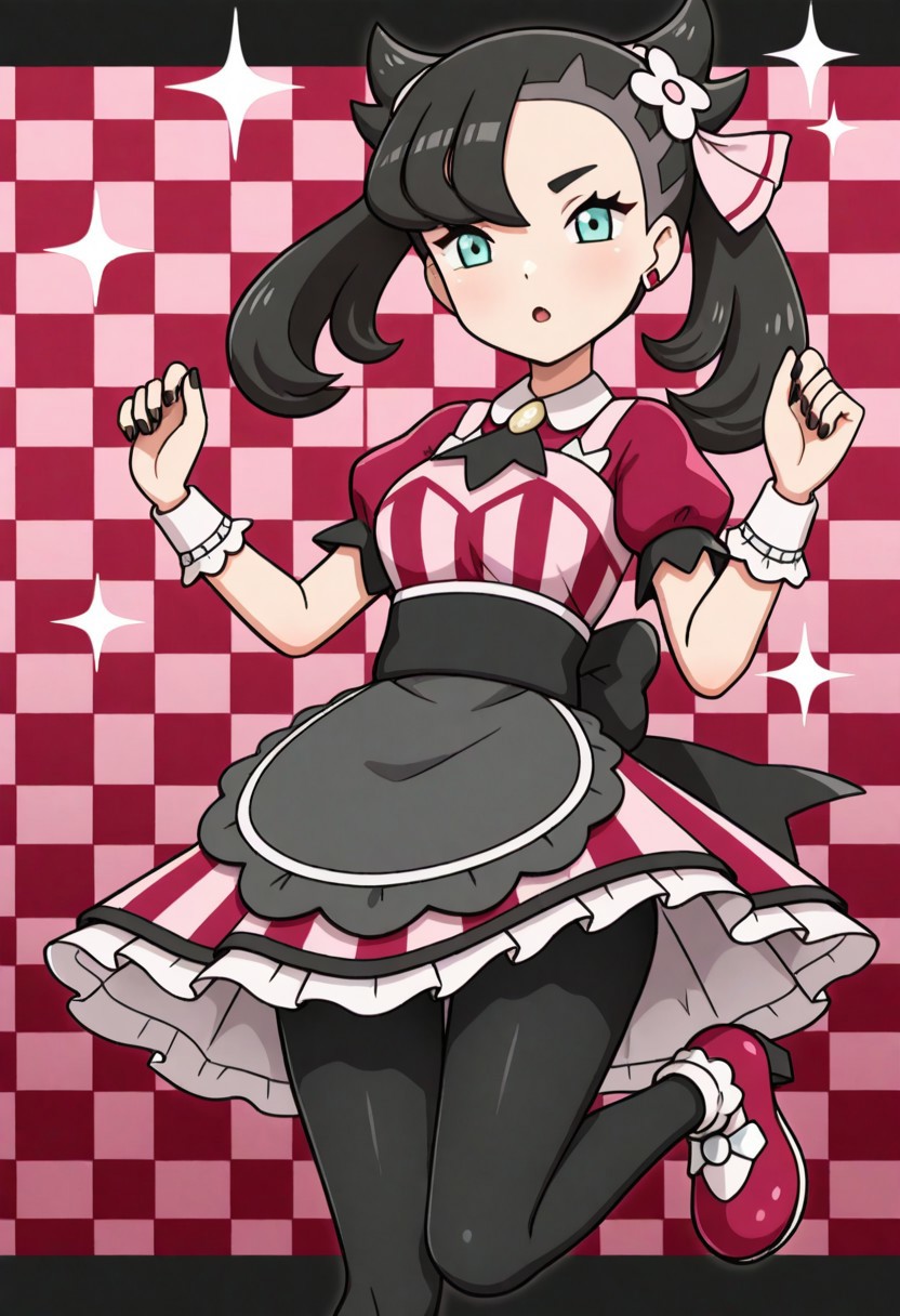 hinosaki, [[pokemoa, gonzarez]], 2d, masterpiece, best quality, amazing quality, highres, absurdres, newest, 1girl, solo, jumping, checkered background, red background, purple background, sparkle, medium breasts, mature female, palmarnie, marnie \(pokemon\), green eyes, black hair, asymmetrical bangs, medium hair, twintails, single earring, black nails, hair ribbon, pink ribbon, hair flower, white flower, collared dress, striped dress, red dress, pink dress, multicolored dress, puffy short sleeves, black ascot, wrist cuffs, waist apron, black apron, black pantyhose, shoes, red footwear, footwear bow