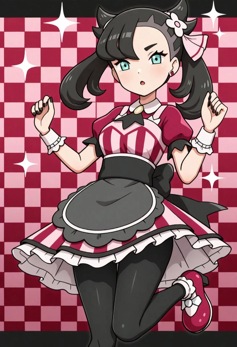 hinosaki, [[pokemoa, gonzarez]], 2d, masterpiece, best quality, amazing quality, highres, absurdres, newest, 1girl, solo, jumping, checkered background, red background, purple background, sparkle, medium breasts, mature female, palmarnie, marnie \(pokemon\), green eyes, black hair, asymmetrical bangs, medium hair, twintails, single earring, black nails, hair ribbon, pink ribbon, hair flower, white flower, collared dress, striped dress, red dress, pink dress, multicolored dress, puffy short sleeves, black ascot, wrist cuffs, waist apron, black apron, black pantyhose, shoes, red footwear, footwear bow