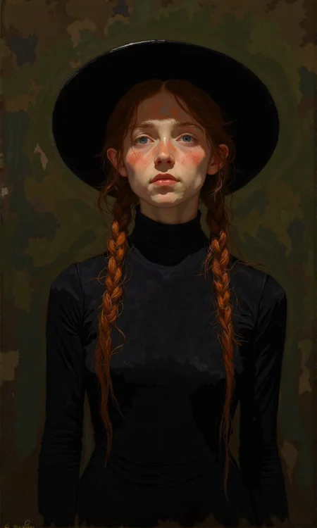 A woman with long, reddish-brown hair and a black hat and dress.
The woman is centered in the frame and is looking directly at the viewer. Her expression is somewhat serious and thoughtful. She wears a black, fitted turtleneck dress with long sleeves.
Her hair is styled in two long, loose braids that fall down her back. Her hair appears to have a healthy sheen and a slightly textured quality.
A black wide-brimmed hat sits atop her head.
The woman's skin is light-toned, and her eyes are a light grayish-blue. Her makeup is subtle, with a hint of rosy blush and a neutral lip color.
The background is a dark olive-green or brown, textured backdrop that gently fades in tone from the front to the back of the image. The lighting is well-directed, highlighting the woman's features while maintaining a slightly moody or dramatic atmosphere., <lora:FLUX-daubrez-DB4RZ-v2:1> DB4RZ, DB4RZ style painting