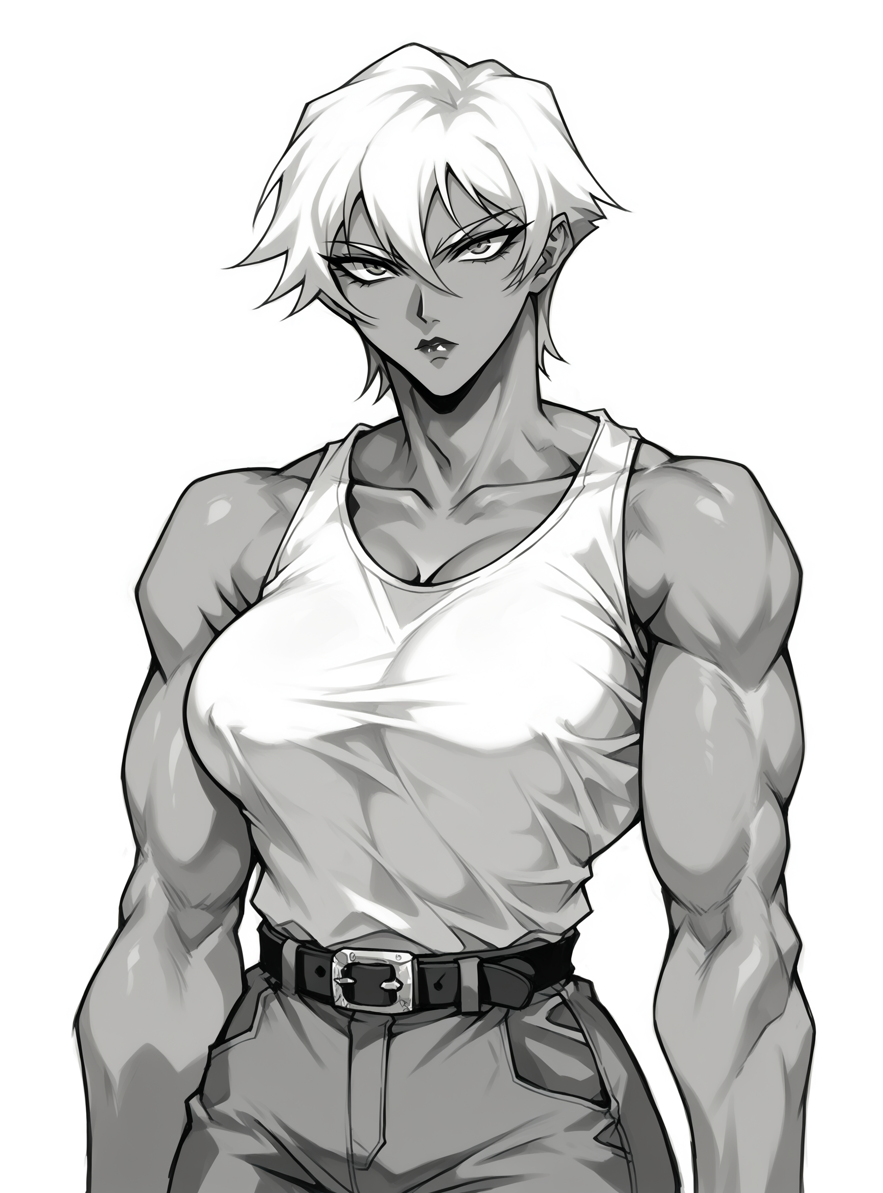 score_9, score_8_up, score_8, score_9, score_8_up, score_7_up,zPDXL2, source_anime,
bangs, 1girl, short hair, lipstick, solo, large breasts, belt,mangamix, monochrome, comic, greyscale, lineart, oobari_style,dark-skinned female, mature female, muscular female, 
 <lora:mangamixxl5:1> <lora:oobari_style_pony_ver1:0.8>