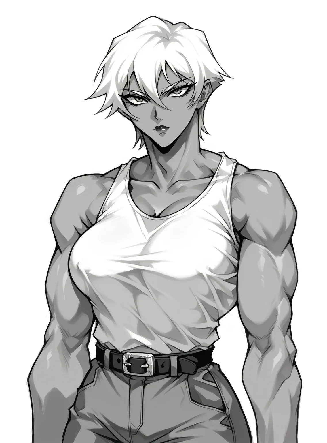 score_9, score_8_up, score_8, score_9, score_8_up, score_7_up,zPDXL2, source_anime,
bangs, 1girl, short hair, lipstick, solo, large breasts, belt,mangamix, monochrome, comic, greyscale, lineart, oobari_style,dark-skinned female, mature female, muscular female, 
 <lora:mangamixxl5:1> <lora:oobari_style_pony_ver1:0.8>