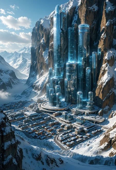 A futuristic city built on the edge of a massive icy cliff in a snow-covered mountainous region, The city has tall and sleek futuristic buildings made of a glass material that reflects the light, giving the structures translucent appearance, integrated into the natural rock formations, The surrounding landscape is dominated by rugged snow-capped peaks, deep valleys filled with mist, dramatic and otherworldly scene, atmosphere is one of cold beauty and advanced, <lora:MJ52:0.3>, <lora:SDXLFaeTastic2400:0.3>, <lora:EpicF4nta5yXL:0.4>, <lora:detailed_notrigger:0.5>, <lora:add-detail-xl:1>