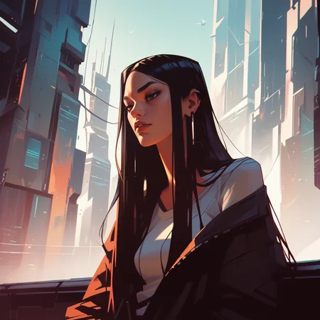 score_9, score_8_up, score_7_up, score_6_up, score_9, score_8_up, score_8, ultra-detailed, SH_Style, RobVal, 1girl, long hair, futuristic city, saturated colors, <lora:Sheeps_Styles:0.8>
