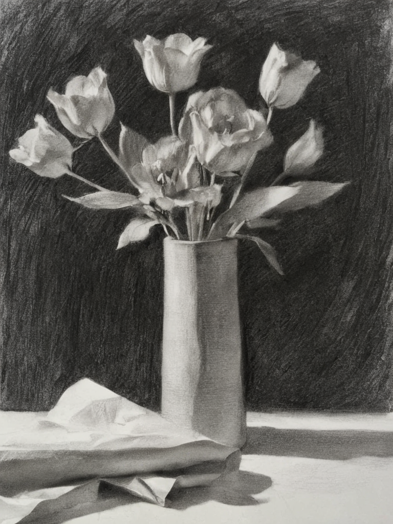 still life, flowers<lora:A_Graphite_Style:1.2> graphite_charcoal, (bold strokes:1.2), (paper grain:1.2), dark background, traditional media, (rough sketch:1.2),