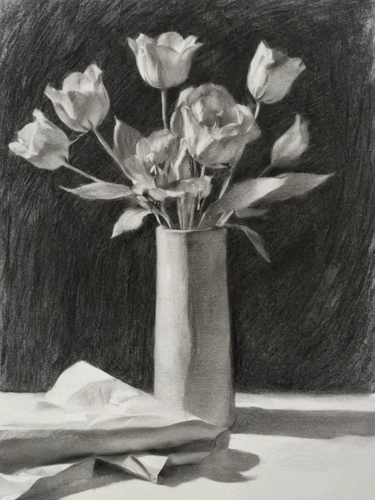still life, flowers<lora:A_Graphite_Style:1.2> graphite_charcoal, (bold strokes:1.2), (paper grain:1.2), dark background, traditional media, (rough sketch:1.2),