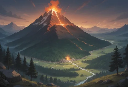 score_9, score_8_up, score_7_up, (masterpiece), best quality, symphtia-style, landscape, (volcano, erupting volcano), forest