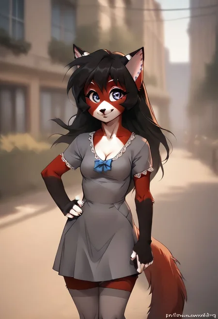 Score_9, score_8_up, score_7_up, score_6_up, score_5_up, score_4_up,iskrastyle, highly detailed, rating_explicit, ara, furry, cat girl, 1girl, (Mature:1.1),  solo, 2 piece 
dress, pencilskirt, socks, smile, grey dress, cleavage short sleeves, cosplay, bow, cotton tights, long hair, kneehighs, standing, cowboy shot, background, outdoor, blurry background, hand on hip, v, crowded, perky breasts, city, solo focus, <lora:Smooth Anime Style LoRA XL:0.7>