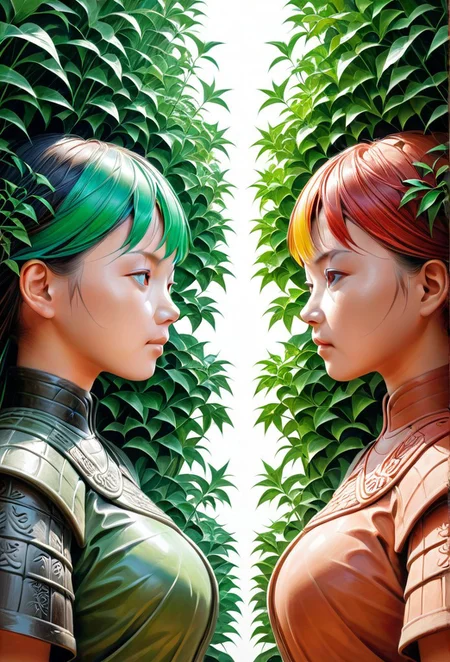(1girl, solo, multicolored hair, , , novuschroma69 dual dichotomy, :1.3), a verdant overgrown Terracotta Army, Hyperrealism, masterpiece, best quality, high res, illustration, extremely detailed, 8k, wallpaper