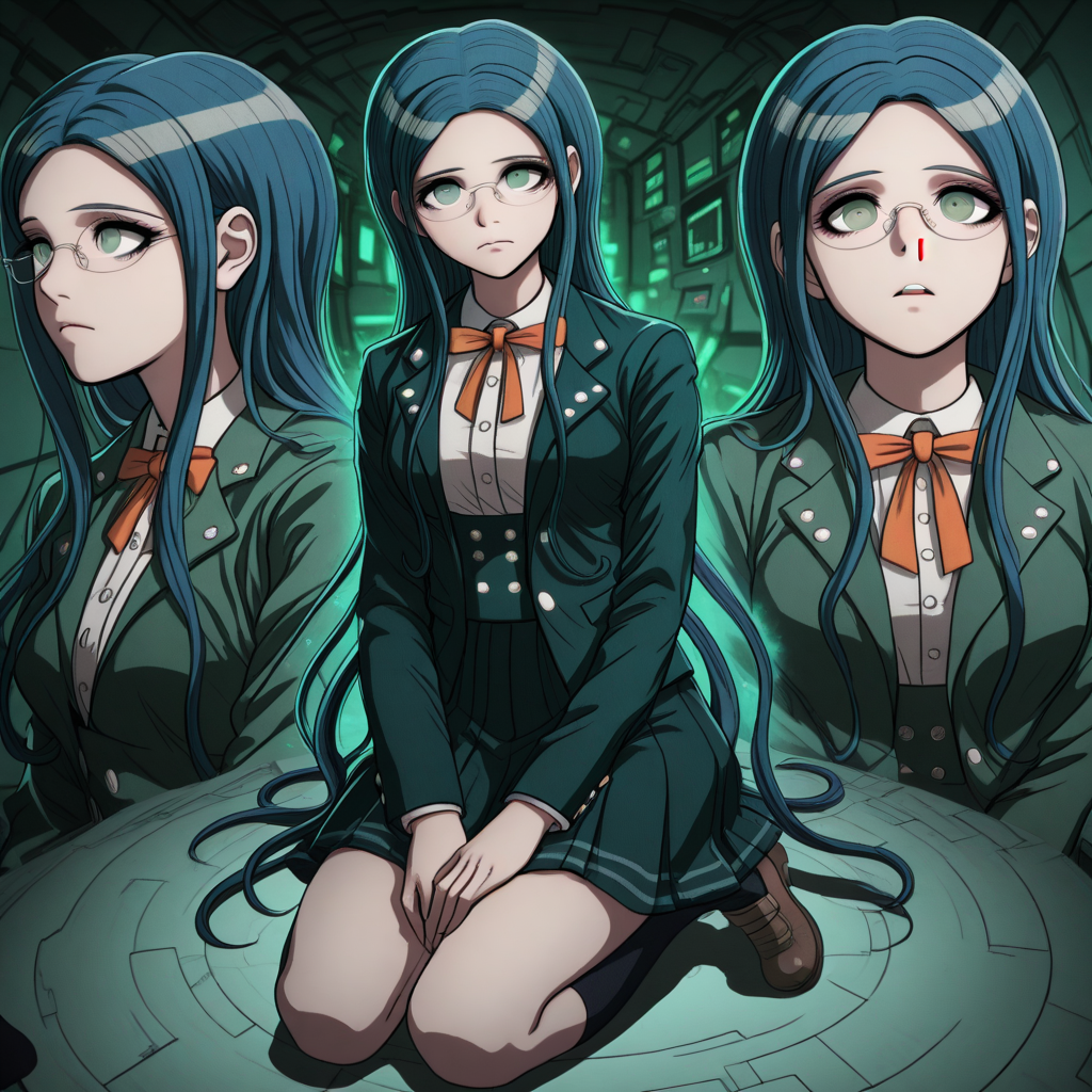 masterpiece, best quality, gradient, flat color, modern, recent,  Multiple views , Fisheye ,  nosebleed , <lora:Face_Enhancer_Illustrious:0.3>  , <lora:noobai_vpred_1_aqm_complete_v3:1>,masterpiece, best quality, very aesthetic ,  <lora:anime_screencap-IllustriousV2:1>, anime screencap, anime coloring, 2d, anime style ,  <lora:Tsumugi_Shirogane_Illustrious:1>, Tsumugi Shirogane ,  danganronpa_(series), danganronpa_v3:_killing_harmony, monokuma, shirogane_tsumugi, 1girl,blue_hair, from_side, glasses, glowing, glowing_eyes, green_eyes, green_hair, green_jacket, green_skirt, jacket, kneehighs, kneeling, long_hair, looking_at_viewer, looking_to_the_side, pleated_skirt, red_eyes, robot, shoes, skirt, socks, solo