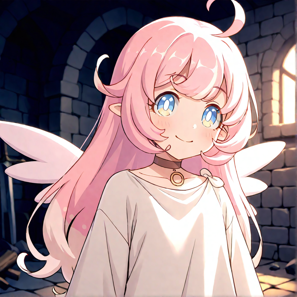 masterpiece, best quality, very aesthetic, absurdres, detailed, dungeon, ruins, break, raphy_(princess_connect), 1girl,long hair,pink hair,ahoge,multicolored hair,bangs,blue eyes,wings,white dress,choker