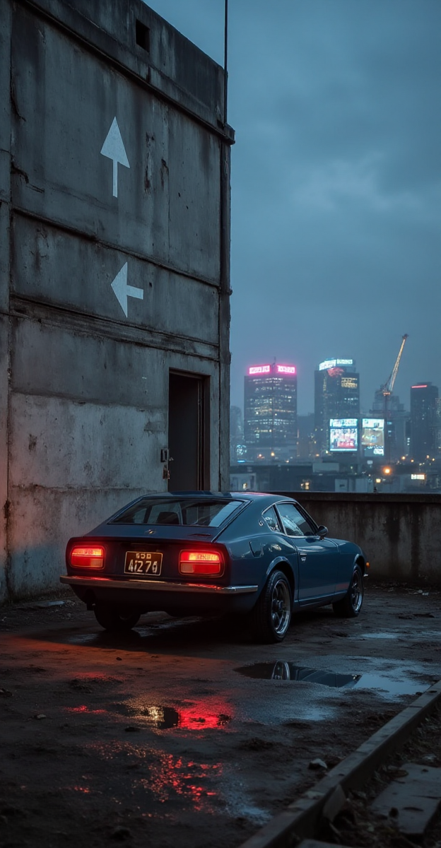 The Datsun 240Z is parked against the very edge of a Tokyo rooftop parking structure, boxed in on three sides by towering concrete walls, their surfaces covered in fading arrows that point nowhere. The chrome side mirror reflects a city that doesnât quite look real, distant skyscrapers bathed in neon pinks and blues yet strangely silent. The red taillights pulse faintly, their glow bouncing off the damp, textured pavement, as if trying to illuminate an exit that isnât there. The stairwell door nearby is wide open, yet completely dark insideâan invitation, or a warning? The longer the car sits, the smaller the space feels, as if the walls themselves are moving, closing in.
<lora:Liminal-Space-Flux:0.75>  <lora:ral-nssndtsn:1>