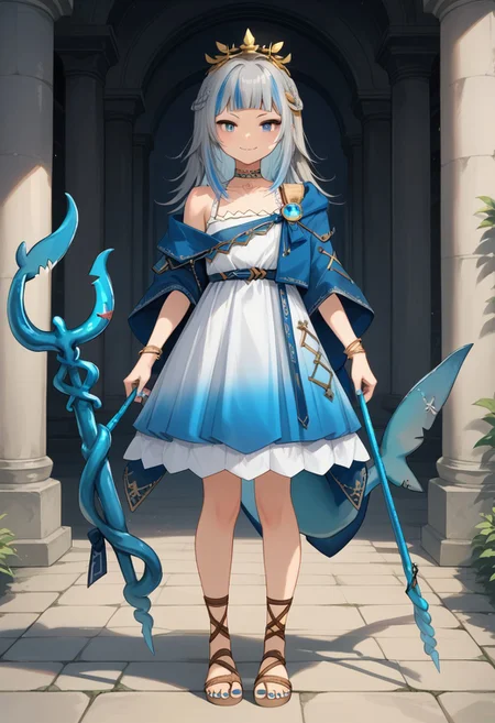 score_9, score_8_up, score_7_up, source_anime, beautiful detailed face, BREAK, GAWR GURA, 
1girl, solo, long hair, looking at viewer, blush, smile, bangs, blue eyes, hair ornament, dress, holding, bare shoulders, jewelry, closed mouth, blue hair, standing, collarbone, tail, full body, weapon, grey hair, multicolored hair, virtual youtuber, blunt bangs, off shoulder, nail polish, holding weapon, white dress, bracelet, streaked hair, sandals, polearm, blue nails, toenails, shawl, toenail polish, fish tail, shark tail, trident, laurel crown, gradient dress, greek clothes, gladiator sandals, gawr gura