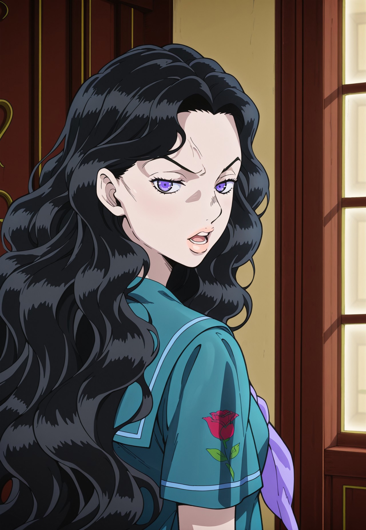 (masterpiece, amazing quality, best quality, highres, ultra-detailed,very aesthetic,best hands, anime coloring,detailed),very aesthetic, illustration, perfect composition, intricate details, absurdres, incredibly absurdres,(((1girl,solo,YukakoYamagishi, Black Hair, Long Hair, Wavy Hair, Purple Eyes, Arched Eyebrows, Lips,Teal Serafuku, Rose Sleeve Imprint, Lavender Bow,perfect face,detailed eyes))),upper body,from behind,looking back,looking at viewer,indoors,angry,open mouth,teeth