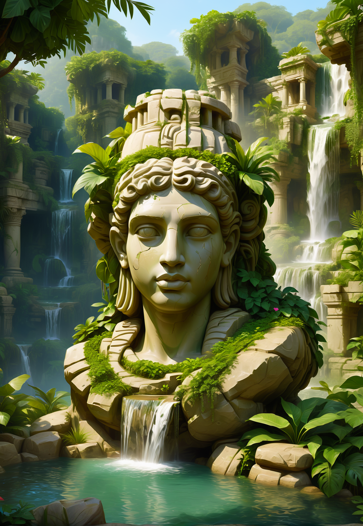 <lora:CuteCombine1:1> VCuteStyle, lost city of Gonstinople, ruins, paradise, beautiful details, lush foliage, high quality, waterfall, oasis, magical,single  giant crumbled statue head