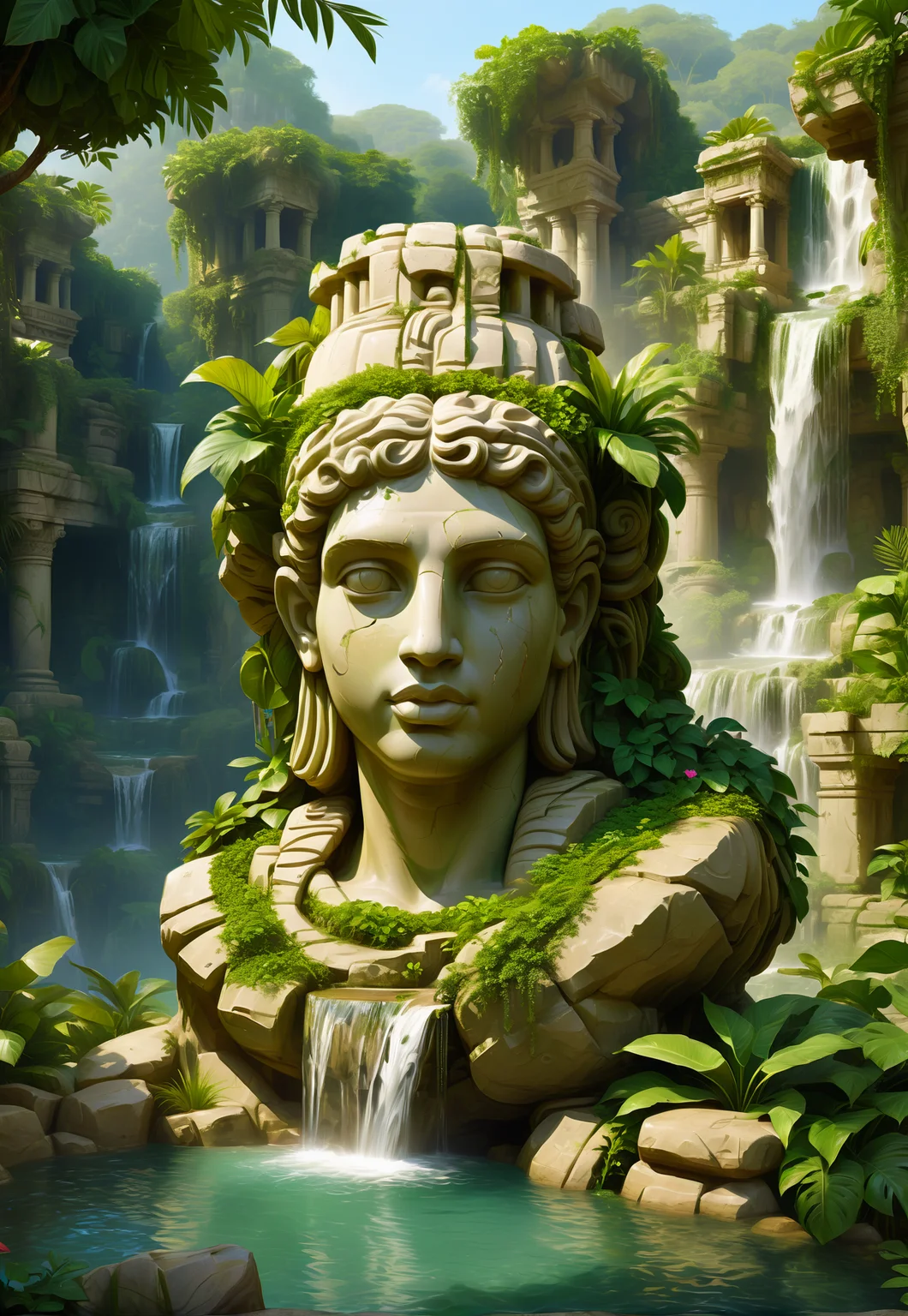 <lora:CuteCombine1:1> VCuteStyle, lost city of Gonstinople, ruins, paradise, beautiful details, lush foliage, high quality, waterfall, oasis, magical,single giant crumbled statue head