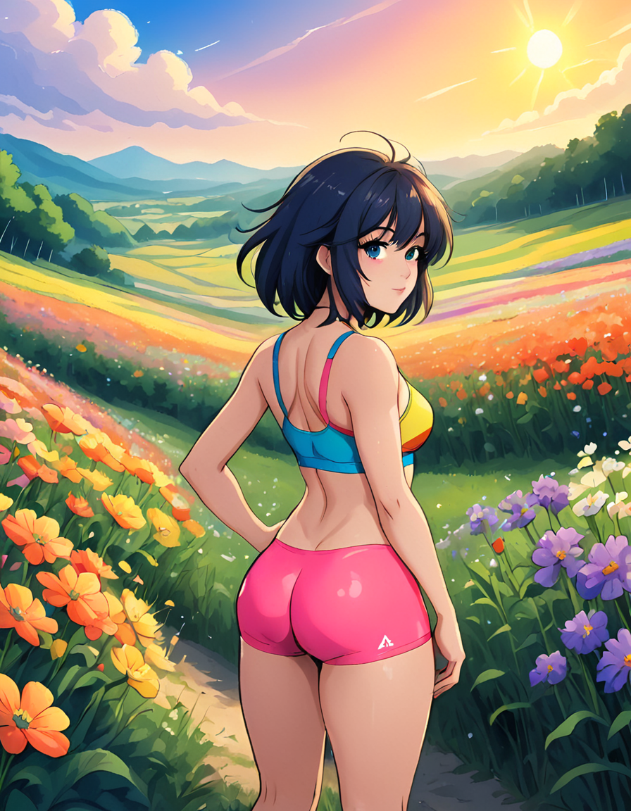 anime, 1 girl, wearing bike shorts and sports bra, ass view, looking over shoulder, field of flowers, bright, sunny, colorful, cheeky, in the style of  <lora:CheekyXL-V1_epoch_10:1> cheekyxl