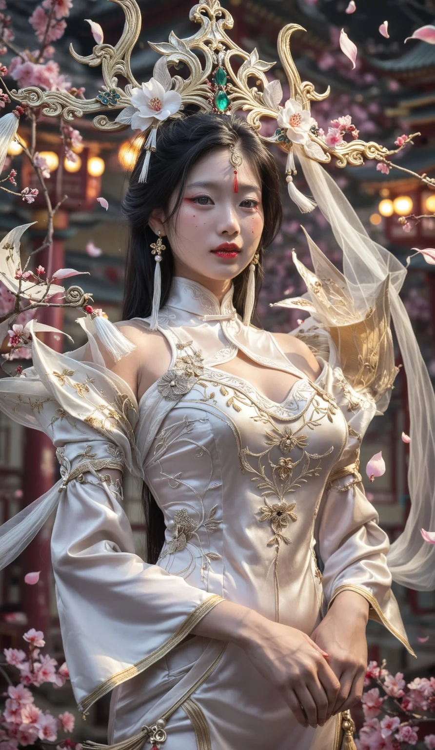 masterpiece, best quality, ultra-detailed, realistic skin, depth of field, 1girl, dress, solo, white_dress, hair_ornament, long_hair, jewelry, earrings, upper_body, black_hair, falling_petals, petals, facial_mark, chinese_clothes, detached_sleeves, expressionless, shiny, clothing_cutout, forehead_mark, looking_at_viewer, hand_fan, asian_girl, asian_face, pale_skin, (pale_skin:1.2), beauty_makeup_face, red_lips,