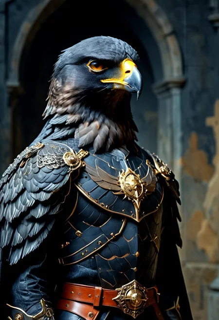 Cyberpunk, sci-fi, dark-fantasy, kodak portrait 400, 8k, soft light, volumetric lighting, highly detailed, britt marling style 3/4, portrait photo of a Anthropomorphic Peregrine Falcon, hybrid animal, a Humanoid Peregrine Falcon hybrid with ((the big head of a Peregrine Falcon)), ((very tall slender fit tight body)), standing, intricate, elegant, highly detailed, devil-armor, 2D motifs detailed dark fantasy digital painting, artstation, concept art, smooth, sharp focus, illustration, art by Otomo Katsuhiro and Shirow Masamune and Oshii Mamoru. Cosmic light in backfront