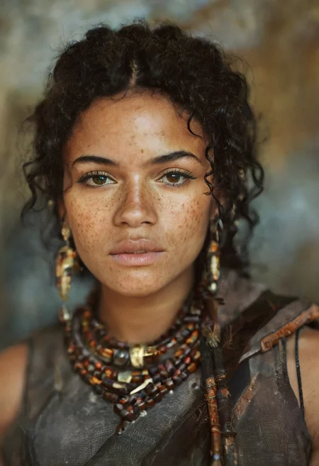 Photography in (stvmccrr style), a young African woman with striking amber eyes, cultural portrait, curly black hair, seven hoop earrings in one ear, medieval leather, rogue clothing and lowered hood, rich colors, analog film, film grain, kodachrome, intricate details, insanely detailed, natural lighting, 8k, hdr, masterpiece, award winning photography, Fine art photography style, film photography style, freckles, medieval fantasy background
