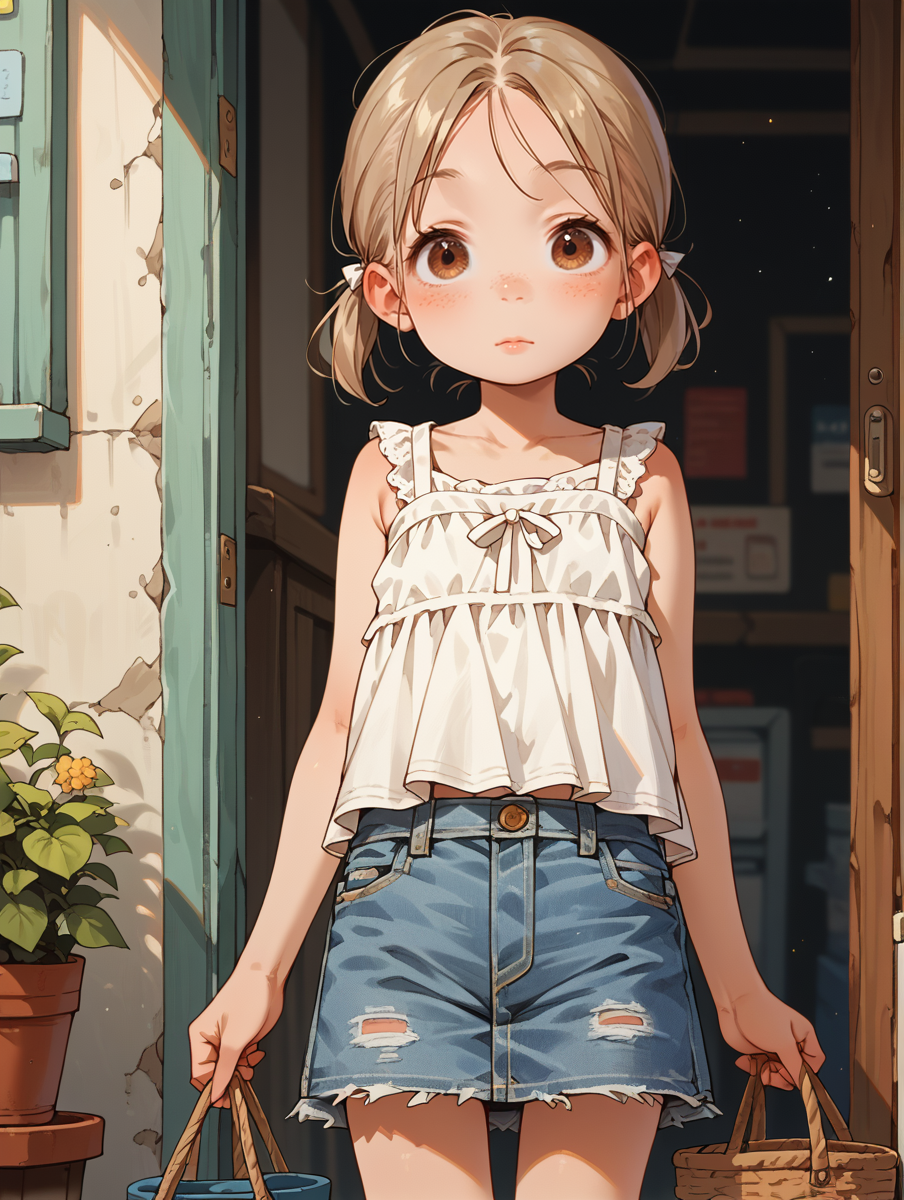 score_9,score_8_up,score_7_up,score_6_up,score_5_up,score_4_up,
 <lora:Ichigo Mashimaro_XL:1>
1girl, solo, child, short, young, brown eyes, light brown eyes, white dress, denim jeans, short skirt, looking at viewer,