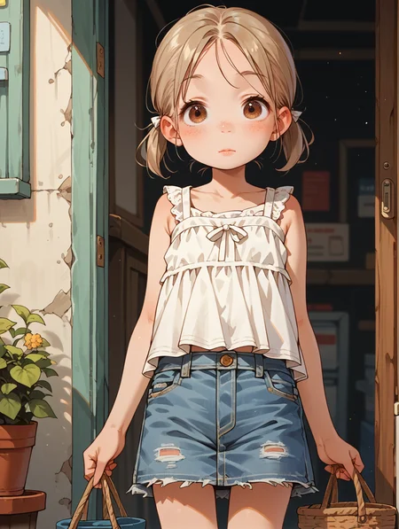 score_9,score_8_up,score_7_up,score_6_up,score_5_up,score_4_up,
 <lora:Ichigo Mashimaro_XL:1>
1girl, solo, child, short, young, brown eyes, light brown eyes, white dress, denim jeans, short skirt, looking at viewer,