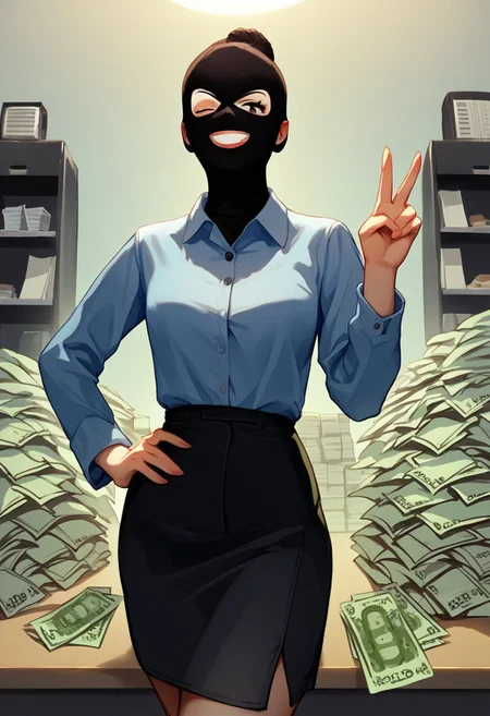 score_9, score_8_up, score_7_up,
source_anime,uncensored,
BREAK 
1girl,office lady,
threeholkn1tskimask,three holes knit ski mask,black mask,
smile,
one eye closed,
hand on hip,v,
indoor,bank,
cashmoney,green paper money,