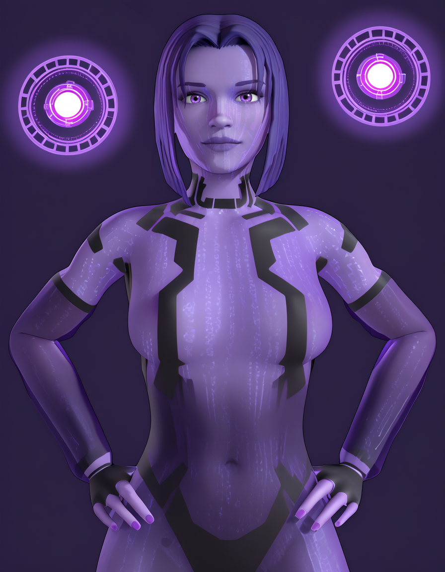 Masterpiece, high-res, 2k, best quality, 3d, translucent,  cortanah2, purple skin, purple theme, hologram,transparent,  medium breasts,   <lora:cortanah2_pony-000043:1> Looking over the shoulder