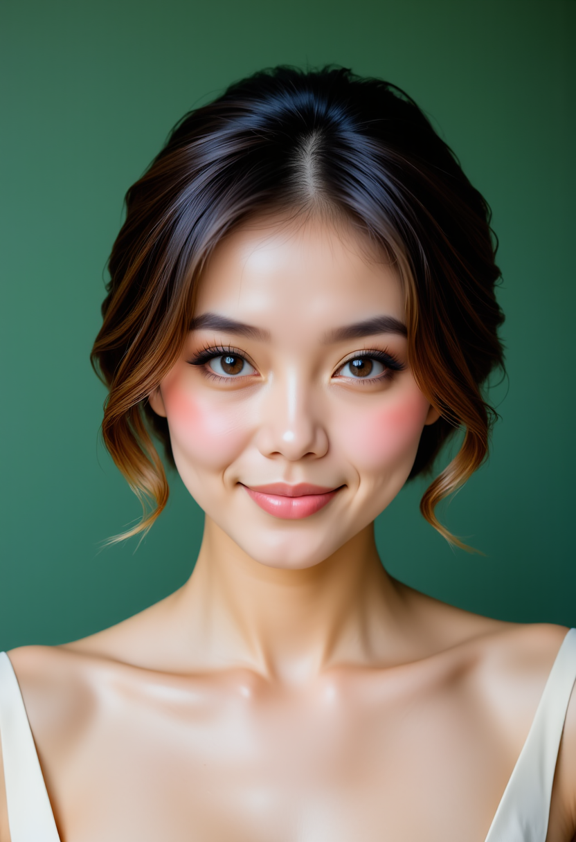 Headshots,masterpiece, a beautiful woman,Hyperrealistic, she is smiling, dynamic angles, multiple angles, photoshoot poses; A photo of AF5, she has hair, she is wearing a white dress, a beautiful girl. she has piercing eyes. a dynamic pose and a sense of action. simple green background, and the lighting is soft, creating a dramatic effect, creating a focused and dynamic pose.; the scene is set in a beautiful well-lit environment, with a sense of action and adventure. Style: realistic hyper-detailed rendering, 32k UHD, expressive eyes, punk, graphic design, girl's face, pretty and cute, gleaming lips, telling a tale of adventure. Exuding confidence and serenity. The overall mood of the image is happy and relaxed, detailed skin texture,(blush:0.2),(goosebumps:0.3), subsurface scattering,with a playful and whimsical tone,perfect hand, hand, detailed hand,niji style,retro50s_style,