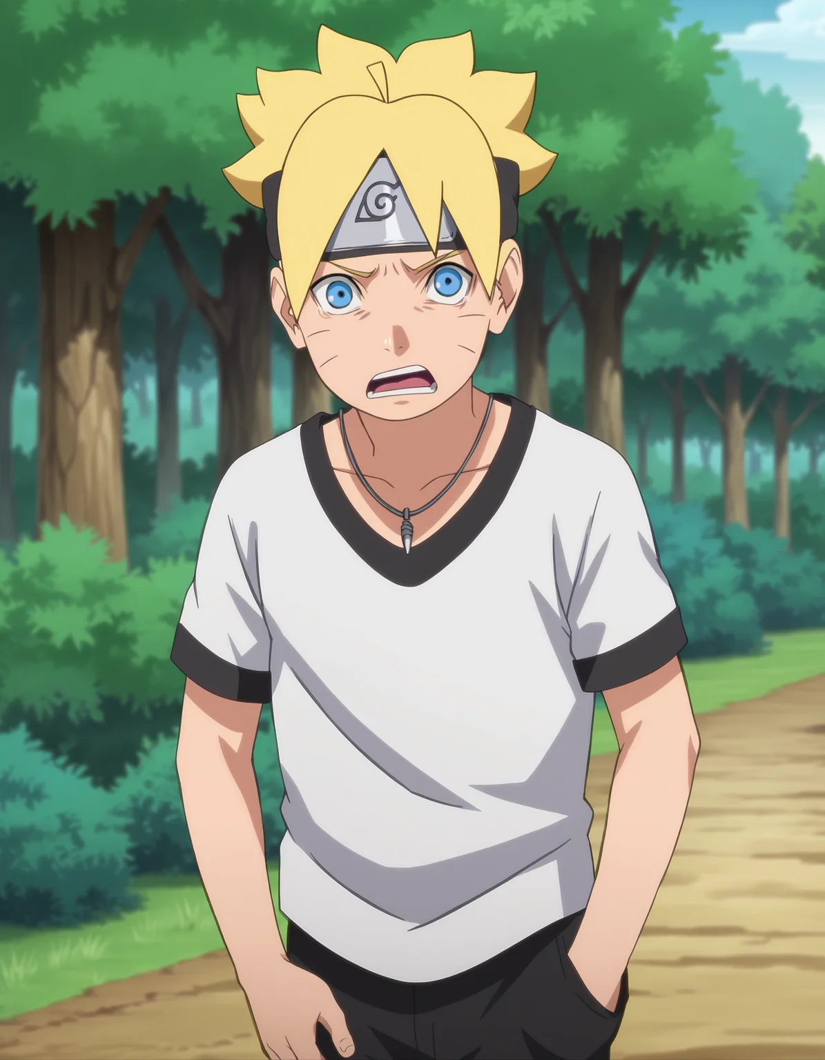 score_9, score_8_up, score_7_up, source_anime,anime screencap,anime coloring,
uncensored,
boruto, 1boy, blonde hair,facial mark,uzumaki boruto,whisker markings, male focus,blue eyes,
headband,necklace,jewelry, shirt, black pants, bandages,
scared, parody,
looking at viewer,open mouth,
standing, solo focus,
perfect anatomy,
scenery,outdoors,forest,
<lora:Boruto_Uzumaki_r1:1>