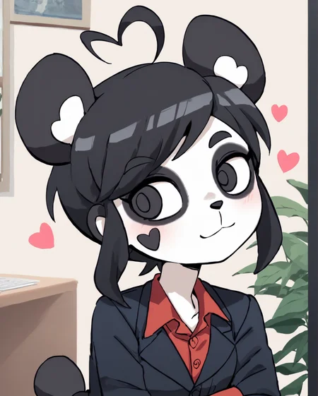 Score_9, Score_8_Up, Score_7_Up, Score_6_Up, Score_5_Up, Score_4_Up, anime screencap, upper body, office,
<lora:Ken Ashkorp - Kenny:0.9> kenny \(kenashcorp\), 1girl, masterpiece, best quality, (panda, panda girl), furry, panda ears, animal nose, black fur, white fur, eyes makeup, black eyes, panda tail, heart ahoge, cheek heart, black arms, black legs, black hair, medium hair, swept bangs,
BREAK
<lora:noah style:0.8> noaharbre